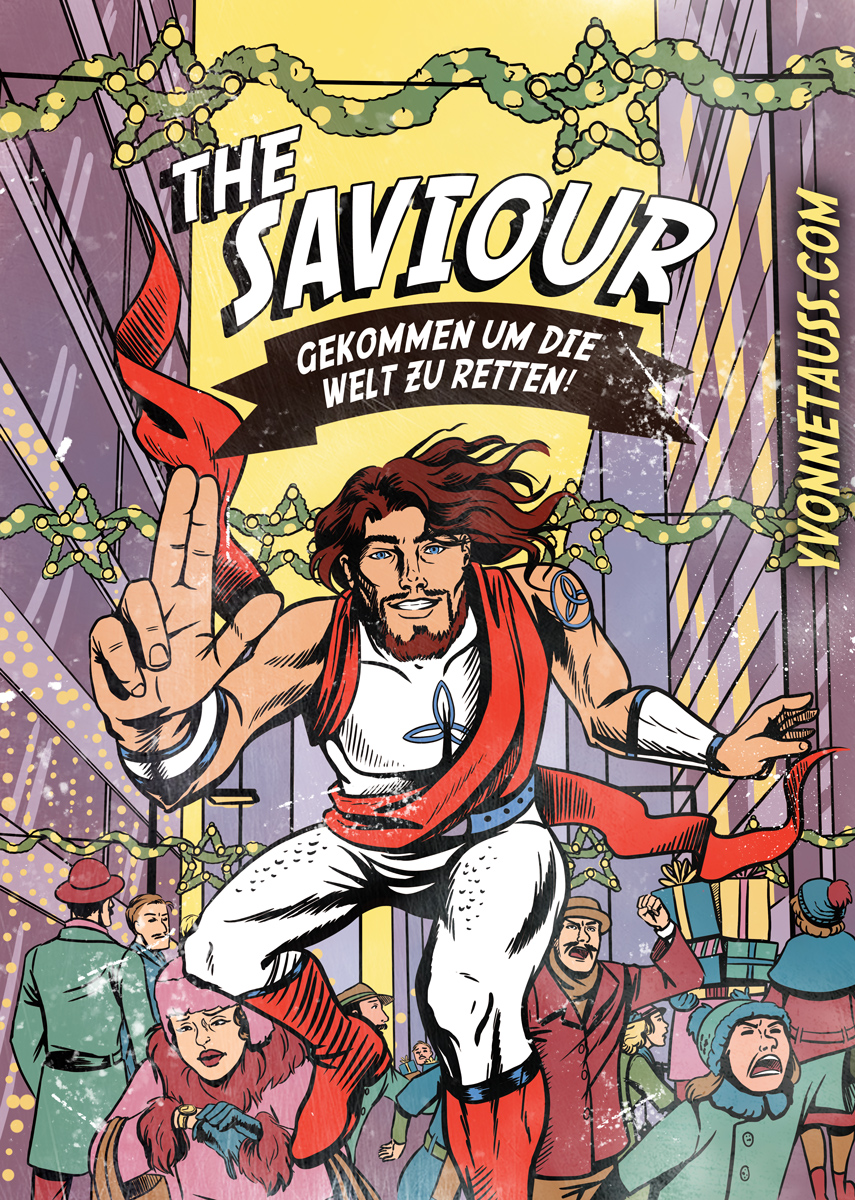 Jesus Superhero – Retro Comic-Illutration für eine Weihnachtskarte