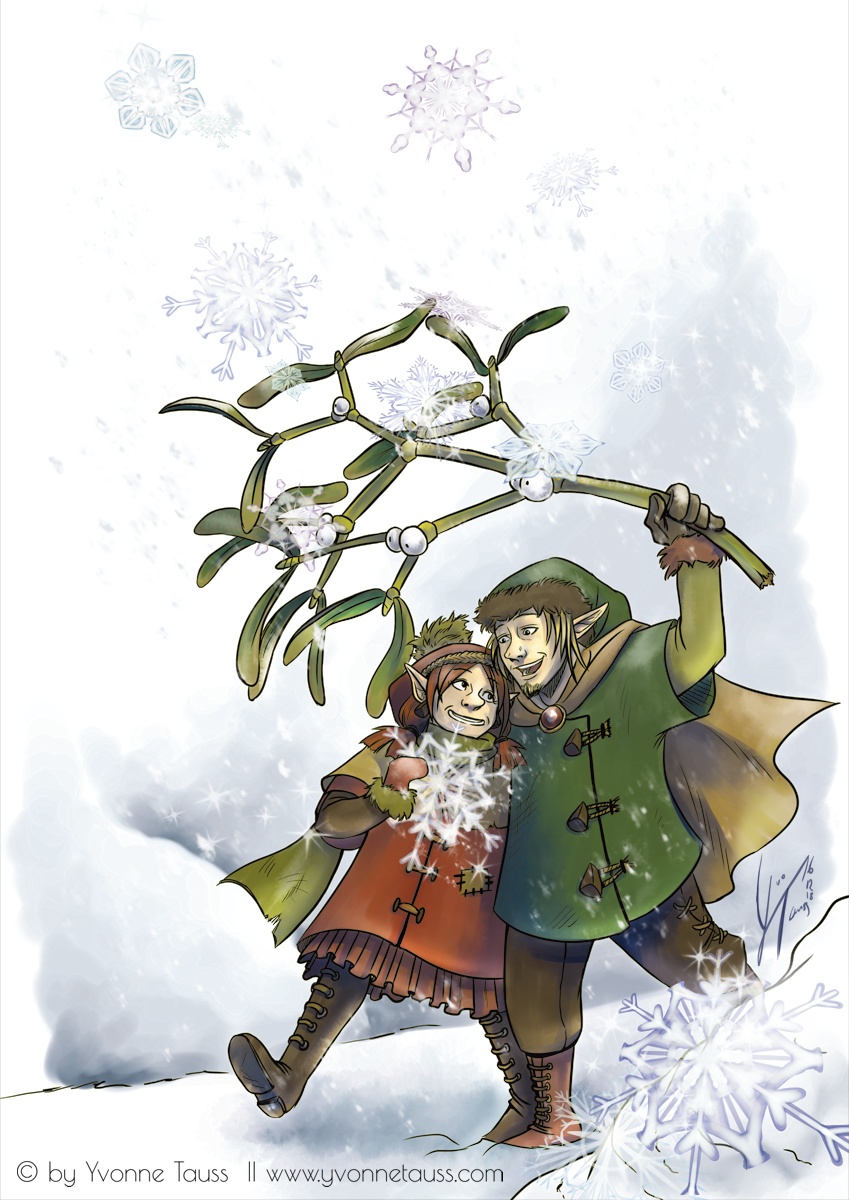 Winterliches Motiv mit kleinen Elfen.