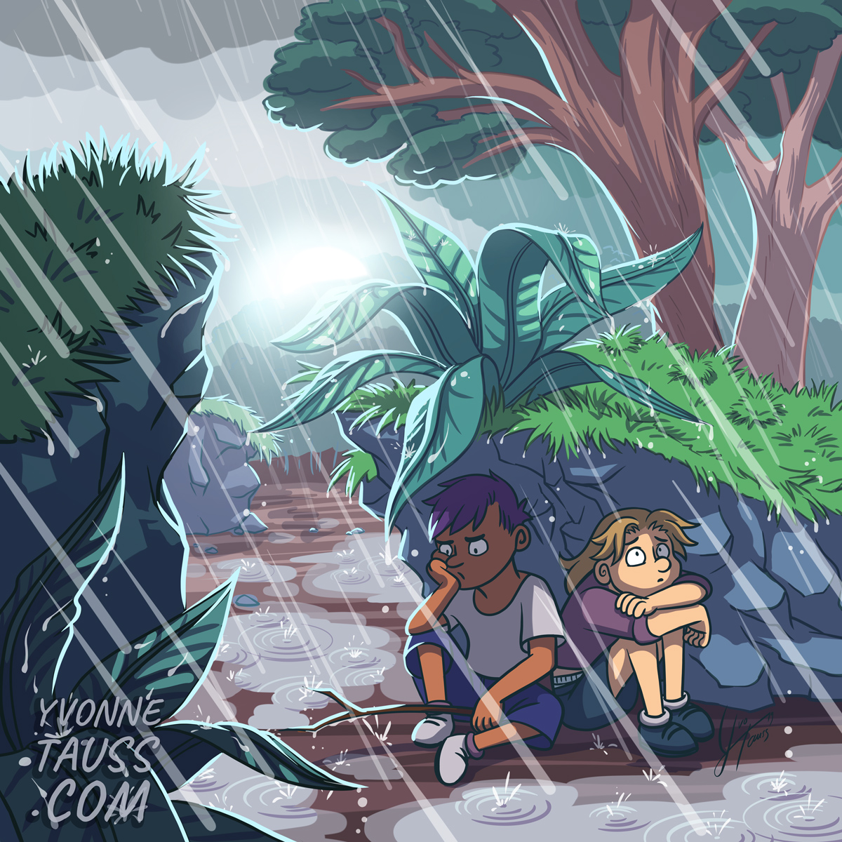 Zwei Kinder an einem regnerischen Tag suchen Unterschlupf